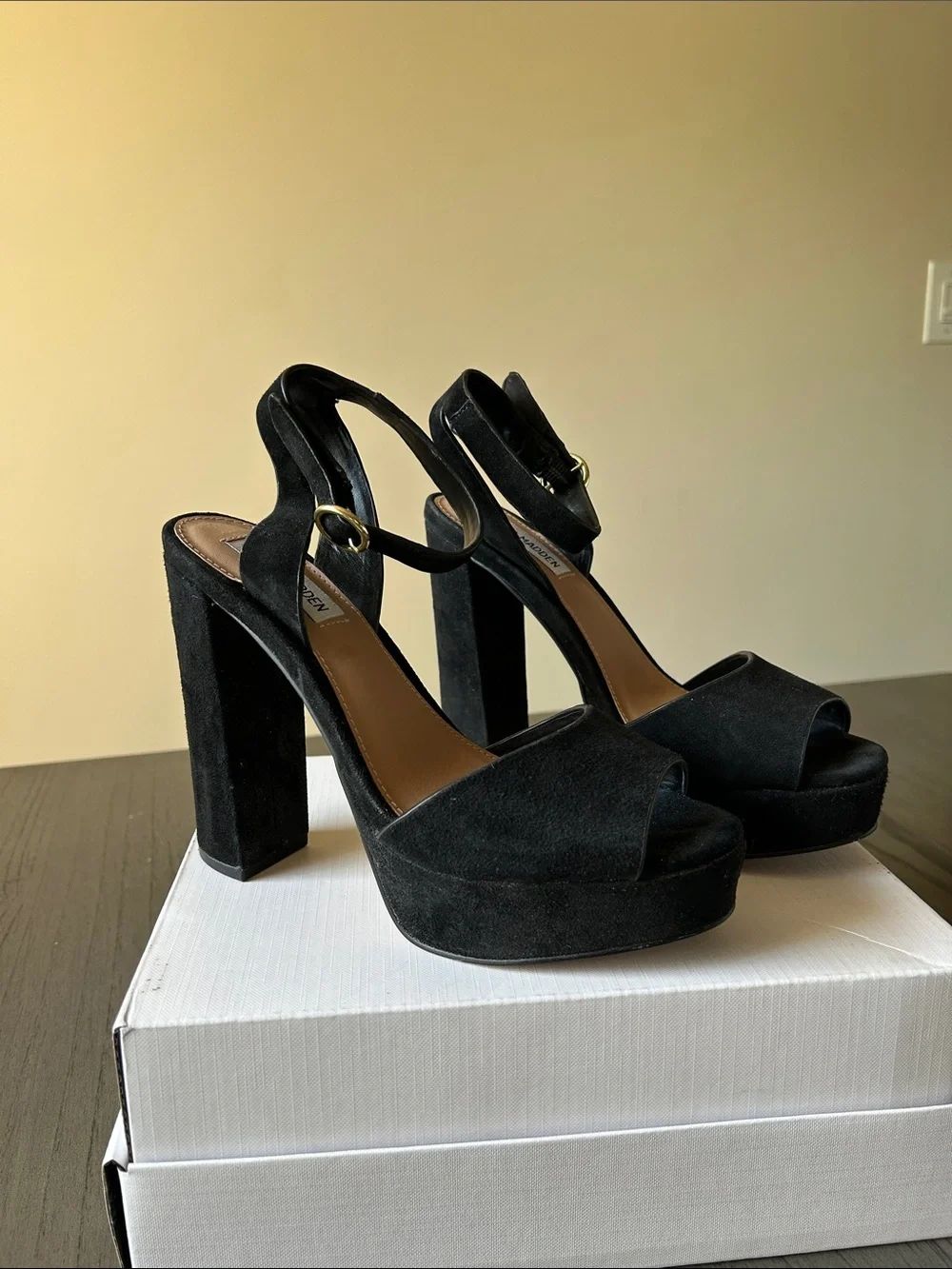 Steve Madden Black Suede Platform Block Heel Sandals